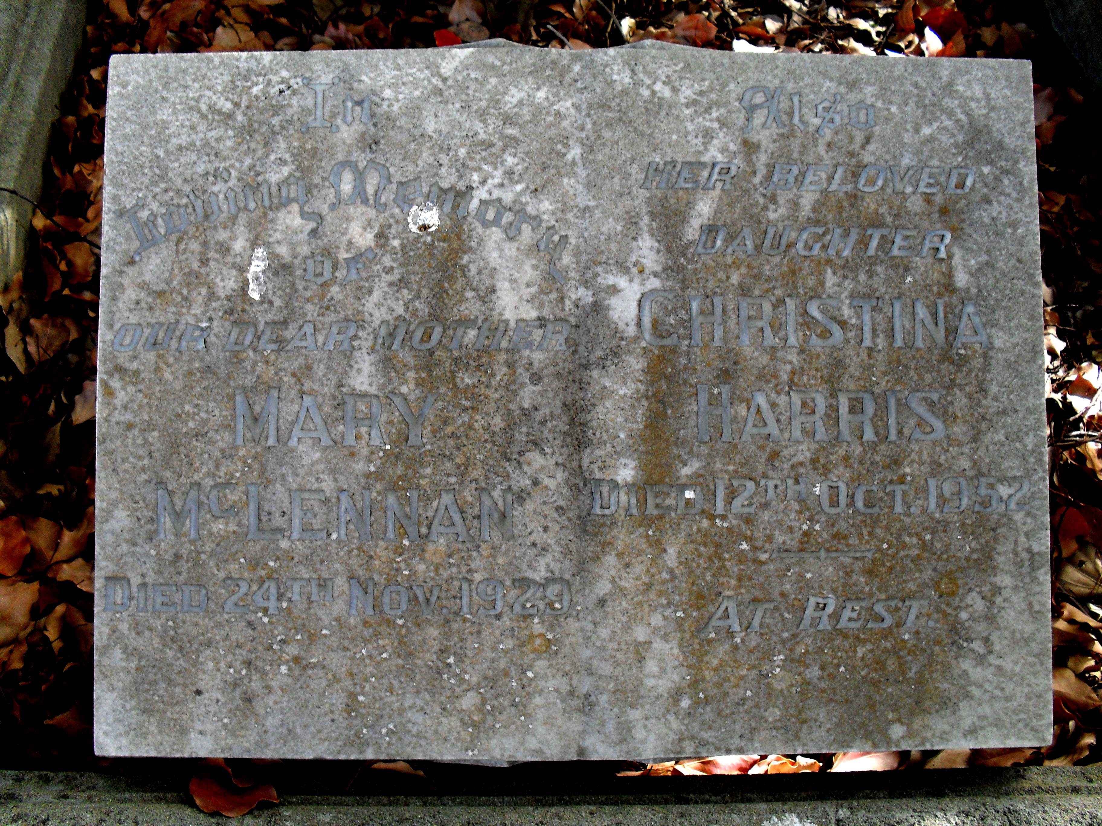 Photo of headstones/Mary McLennan & dau Christina Harris hdstn Karrakatta cem